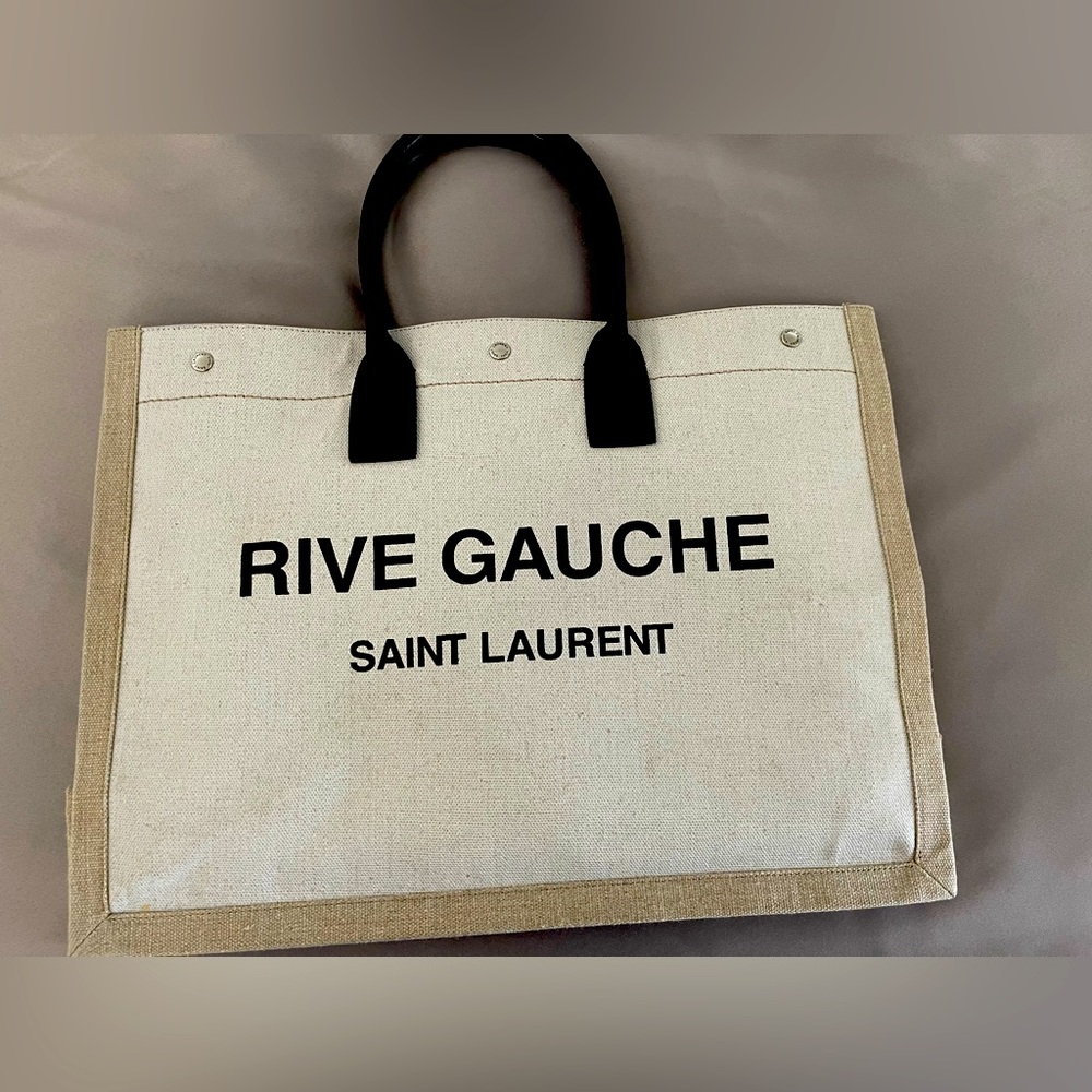 Saint Laurent Beige and Black Canvas Tote